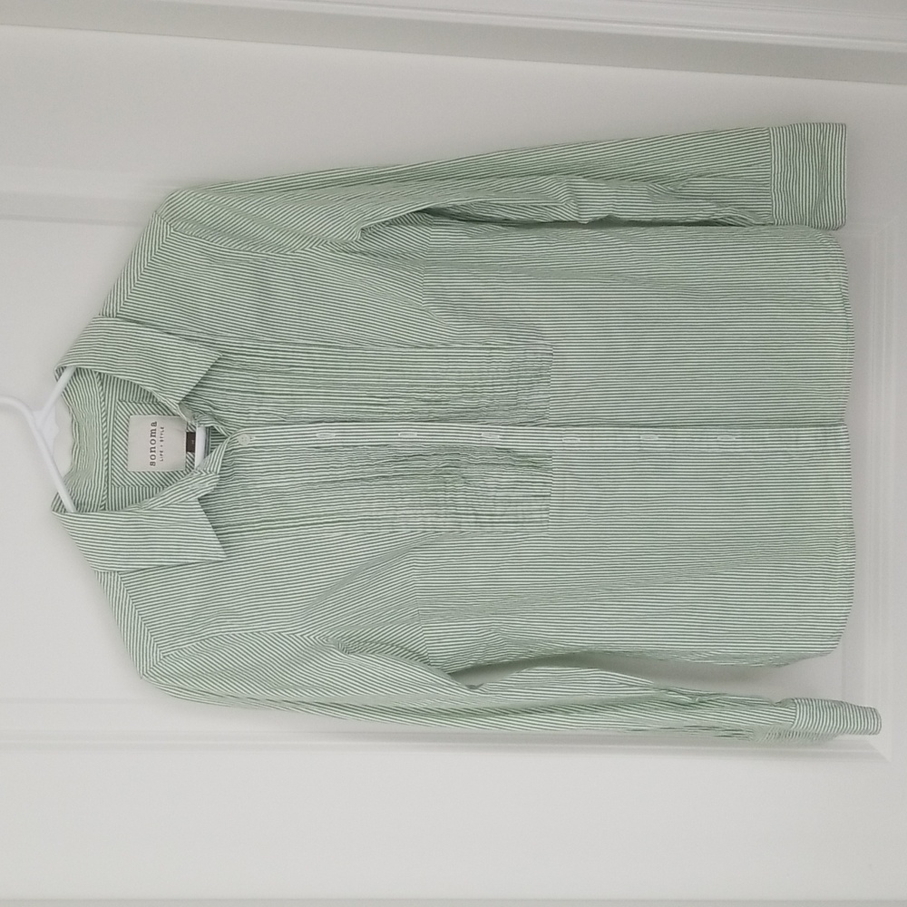 Pastel Mint Green Striped Collared Button Down Blouse